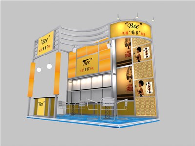 18平米展臺(tái)設(shè)計(jì)制作：三面開口/現(xiàn)代/型材結(jié)構(gòu)/黃色，為玩具展展商而作（免費(fèi)使用）