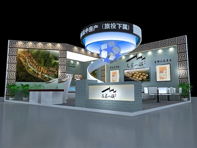 66平米展臺(tái)設(shè)計(jì)制作：二面開(kāi)口/中式/木質(zhì)結(jié)構(gòu)/灰色，為房產(chǎn)展展商而作（免費(fèi)使用）