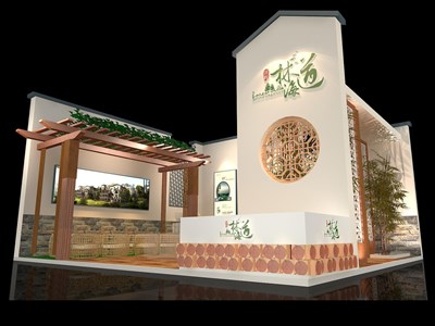 64平米展臺設(shè)計制作：二面開口/田園/木質(zhì)結(jié)構(gòu)/咖啡色，為房產(chǎn)展展商而作（免費(fèi)使用）