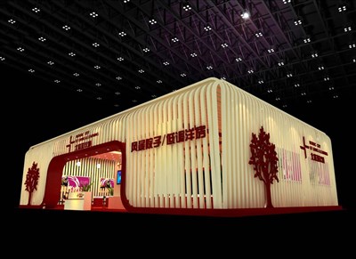 126平米展臺設(shè)計制作：一面開口/前衛(wèi)/型材結(jié)構(gòu)/米色，為房產(chǎn)展展商而作（免費使用）