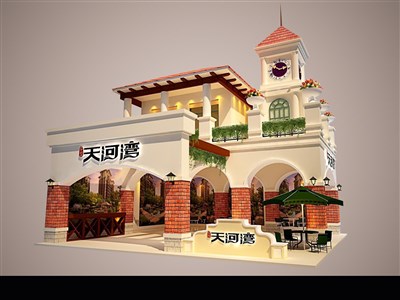 99平米展臺設(shè)計制作：二面開口/歐式/雙層結(jié)構(gòu)/米色，為房產(chǎn)展展商而作（免費使用）