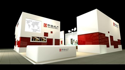 100平米展臺(tái)設(shè)計(jì)制作：二面開(kāi)口/現(xiàn)代/木質(zhì)結(jié)構(gòu)/紅色，為房產(chǎn)展展商而作（免費(fèi)使用）