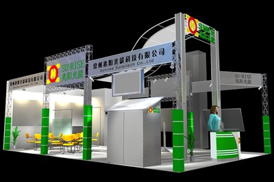 54平米展臺設(shè)計制作：三面開口/現(xiàn)代/型材結(jié)構(gòu)/綠色，為能源展展商而作（免費使用）