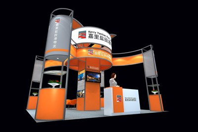 36平米展臺設(shè)計制作：四面開口/現(xiàn)代/型材結(jié)構(gòu)/橙色，為交通物流展展商而作（免費使用）