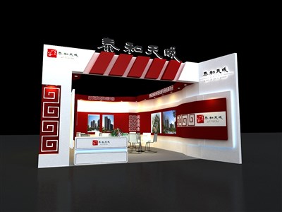 42平米展臺(tái)設(shè)計(jì)制作：二面開(kāi)口/中式/木質(zhì)結(jié)構(gòu)/紅色，為房產(chǎn)展展商而作（免費(fèi)使用）