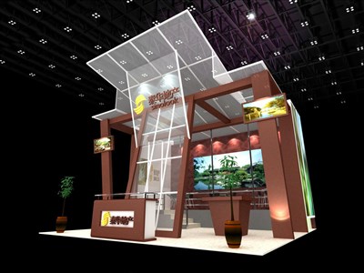 49平米展臺(tái)設(shè)計(jì)制作：三面開(kāi)口/前衛(wèi)/型材結(jié)構(gòu)/咖啡色，為房產(chǎn)展展商而作（免費(fèi)使用）
