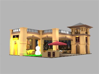 50平米展臺設(shè)計制作：二面開口/歐式/木質(zhì)結(jié)構(gòu)/咖啡色，為房產(chǎn)展展商而作（免費(fèi)使用）