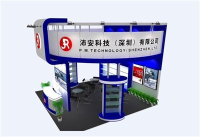 36平米展臺設(shè)計制作：三面開口/現(xiàn)代/型材結(jié)構(gòu)/藍色，為電子展展商而作（免費使用）