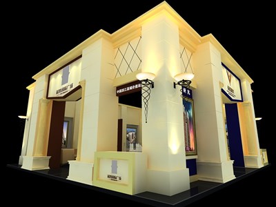 100平米展臺設計制作：四面開口/歐式/木質(zhì)結(jié)構(gòu)/米色，為家具展展商而作（免費使用）