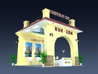 48平米展臺(tái)設(shè)計(jì)制作：三面開口/田園/木質(zhì)結(jié)構(gòu)/黃色，為房產(chǎn)展展商而作（免費(fèi)使用）