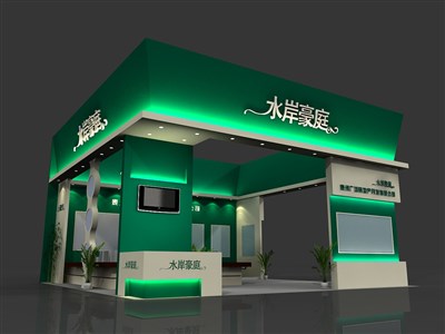 90平米展臺(tái)設(shè)計(jì)制作：三面開口/前衛(wèi)/型材結(jié)構(gòu)/綠色，為房產(chǎn)展展商而作（免費(fèi)使用）