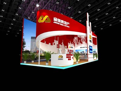 48平米展臺設(shè)計制作：二面開口/前衛(wèi)/木質(zhì)結(jié)構(gòu)/紅色，為房產(chǎn)展展商而作（免費使用）