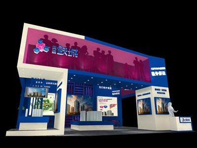 54平米展臺(tái)設(shè)計(jì)制作：二面開口/現(xiàn)代/型材結(jié)構(gòu)/藍(lán)色，為房產(chǎn)展展商而作（免費(fèi)使用）
