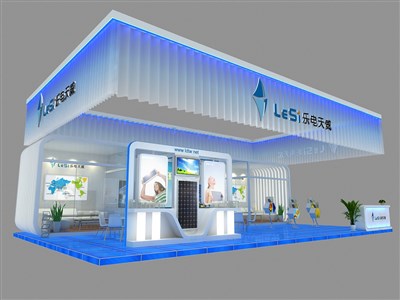 135平米展臺設計制作：三面開口/現(xiàn)代/型材結構/藍色，為電子展展商而作（免費使用）