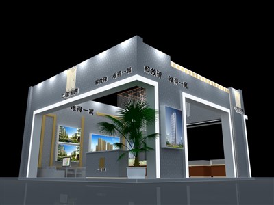 64平米展臺(tái)設(shè)計(jì)制作：三面開口/前衛(wèi)/木質(zhì)結(jié)構(gòu)/灰色，為房產(chǎn)展展商而作（免費(fèi)使用）