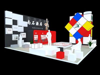 90平米展臺設計制作：三面開口/前衛(wèi)/型材結(jié)構(gòu)/彩色，為房產(chǎn)展展商而作（免費使用）
