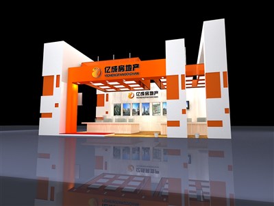 60平米展臺(tái)設(shè)計(jì)制作：三面開口/現(xiàn)代/木質(zhì)結(jié)構(gòu)/橙色，為房產(chǎn)展展商而作（免費(fèi)使用）