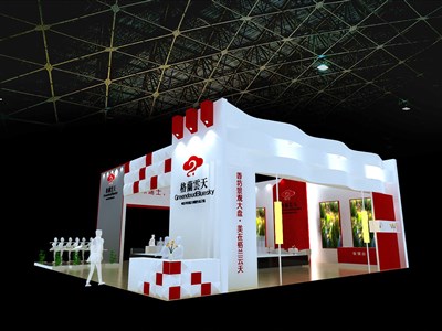 63平米展臺設(shè)計制作：三面開口/前衛(wèi)/木質(zhì)結(jié)構(gòu)/紅色，為房產(chǎn)展展商而作（免費使用）