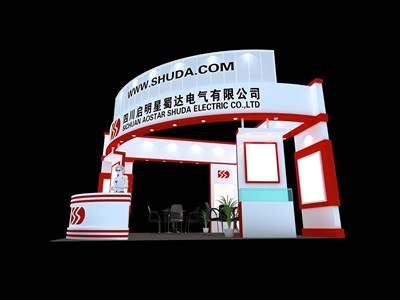 36平米展臺(tái)設(shè)計(jì)制作：三面開口/現(xiàn)代/木質(zhì)結(jié)構(gòu)/紅色，為電子展展商而作（免費(fèi)使用）
