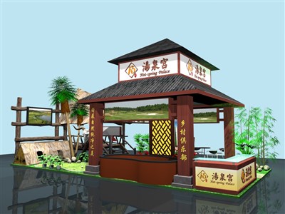 72平米展臺(tái)設(shè)計(jì)制作：四面開口/田園/木質(zhì)結(jié)構(gòu)/咖啡色，為旅游展展商而作（免費(fèi)使用）