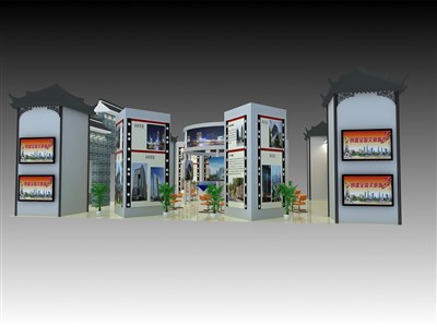 225平米展臺設(shè)計(jì)制作：三面開口/中式/木質(zhì)結(jié)構(gòu)/灰色，為旅游展展商而作（免費(fèi)使用）