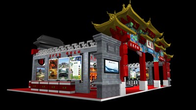 200平米展臺(tái)設(shè)計(jì)制作：四面開(kāi)口/中式/木質(zhì)結(jié)構(gòu)/灰色，為旅游展展商而作（免費(fèi)使用）