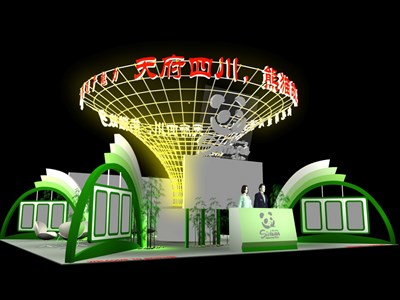 100平米展臺設(shè)計制作：四面開口/前衛(wèi)/型材結(jié)構(gòu)/綠色，為旅游展展商而作（免費使用）