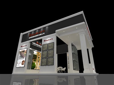 56平米展臺(tái)設(shè)計(jì)制作：三面開口/歐式/木質(zhì)結(jié)構(gòu)/灰色，為建材展展商而作（免費(fèi)使用）