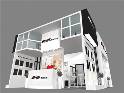 42平米展臺設(shè)計制作：二面開口/現(xiàn)代/型材結(jié)構(gòu)/白色，為建材展展商而作（免費使用）