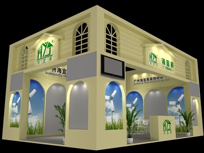 54平米展臺設計制作：二面開口/歐式/木質結構/米色，為建材展展商而作（免費使用）