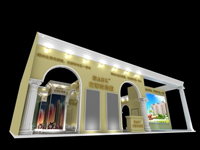 160.5平米展臺設(shè)計制作：二面開口/歐式/木質(zhì)結(jié)構(gòu)/米色，為建材展展商而作（免費使用）