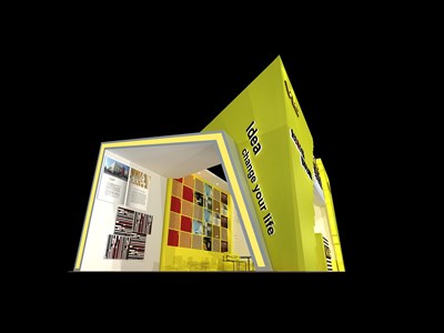 54平米展臺設計制作：三面開口/現(xiàn)代/木質結構/黃色，為建材展展商而作（免費使用）