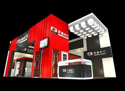72平米展臺設計制作：二面開口/現(xiàn)代/木質(zhì)結構/紅色，為建材展展商而作（免費使用）