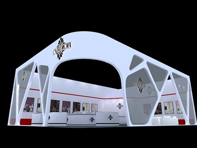 117平米展臺設(shè)計制作：二面開口/前衛(wèi)/型材結(jié)構(gòu)/白色，為建材展展商而作（免費使用）