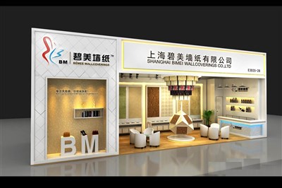 48平米展臺(tái)設(shè)計(jì)制作：一面開口/歐式/木質(zhì)結(jié)構(gòu)/米色，為建材展展商而作（免費(fèi)使用）