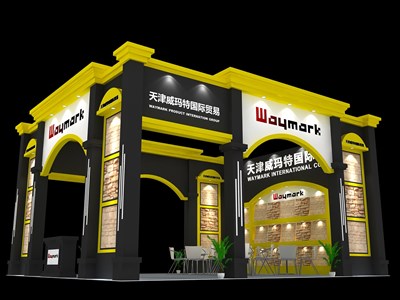 56平米展臺設計制作：三面開口/歐式/木質結構/黑色，為建材展展商而作（免費使用）