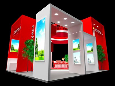 36平米展臺設(shè)計(jì)制作：三面開口/現(xiàn)代/木質(zhì)結(jié)構(gòu)/紅色，為綜合展展商而作（免費(fèi)使用）