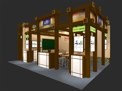 48平米展臺(tái)設(shè)計(jì)制作：二面開(kāi)口/中式/木質(zhì)結(jié)構(gòu)/咖啡色，為建材展展商而作（免費(fèi)使用）