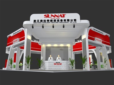 144平米展臺設(shè)計制作：四面開口/現(xiàn)代/木質(zhì)結(jié)構(gòu)/紅色，為建材展展商而作（免費使用）