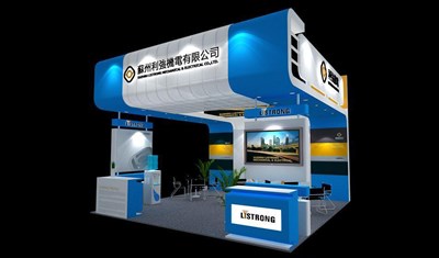 36平米展臺設計制作：三面開口/現(xiàn)代/木質結構/藍色，為綜合展展商而作（免費使用）