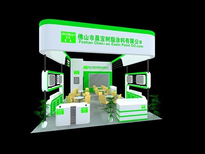 54平米展臺設(shè)計制作：三面開口/現(xiàn)代/木質(zhì)結(jié)構(gòu)/綠色，為建材展展商而作（免費使用）