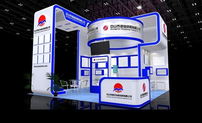 36平米展臺設計制作：三面開口/現代/木質結構/藍色，為建材展展商而作（免費使用）
