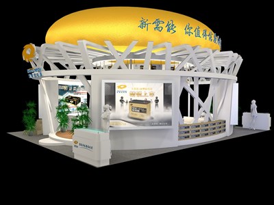 108平米展臺(tái)設(shè)計(jì)制作：三面開口/現(xiàn)代/木質(zhì)結(jié)構(gòu)/黃色，為綜合展展商而作（免費(fèi)使用）