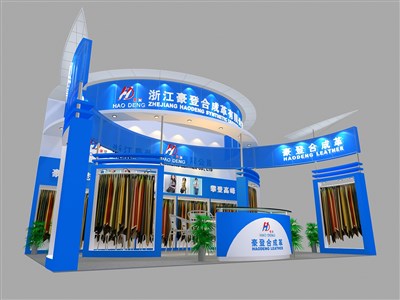 48平米展臺設計制作：三面開口/現(xiàn)代/木質結構/藍色，為綜合展展商而作（免費使用）