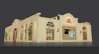 360平米展臺設(shè)計制作：三面開口/歐式/木質(zhì)結(jié)構(gòu)/米色，為建材展展商而作（免費使用）
