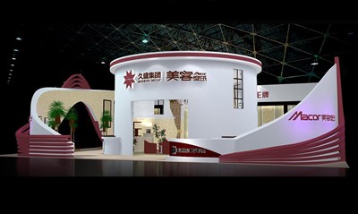 270平米展臺設(shè)計(jì)制作：三面開口/現(xiàn)代/木質(zhì)結(jié)構(gòu)/白色，為建材展展商而作（免費(fèi)使用）
