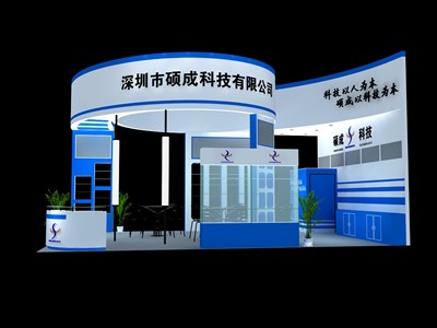 54平米展臺設計制作：三面開口/現代/木質結構/藍色，為建材展展商而作（免費使用）