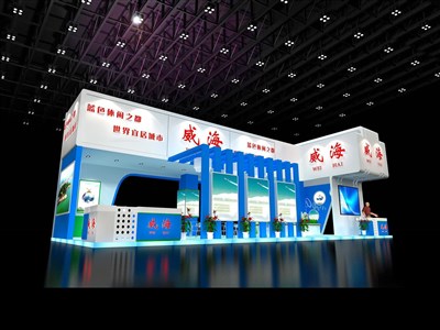 90平米展臺設(shè)計制作：三面開口/現(xiàn)代/木質(zhì)結(jié)構(gòu)/藍(lán)色，為建材展展商而作（免費使用）