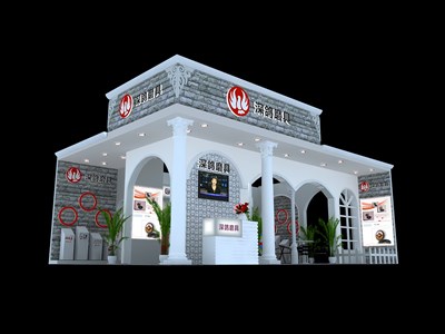 54平米展臺設計制作：三面開口/歐式/木質結構/灰色，為建材展展商而作（免費使用）