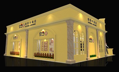 121平米展臺設(shè)計制作：二面開口/歐式/木質(zhì)結(jié)構(gòu)/黃色，為建材展展商而作（免費使用）